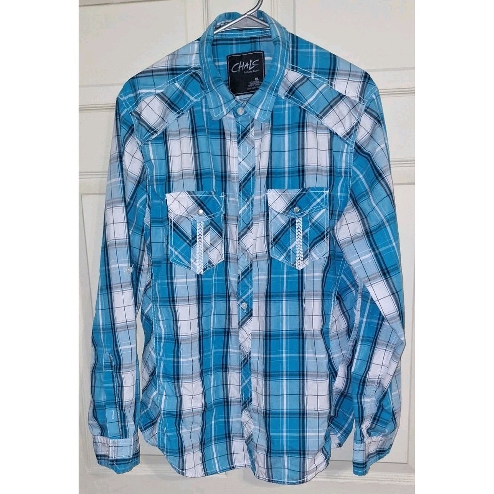 Chalc Men's Western Long Sleeve Blue Plaid Shirt Size XL Embroided